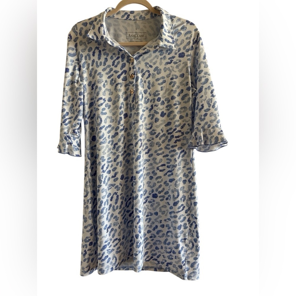 Ana Claire Active Blue and Gray Animal Print Dress SPF 50 Sz L - Picture 1 of 7